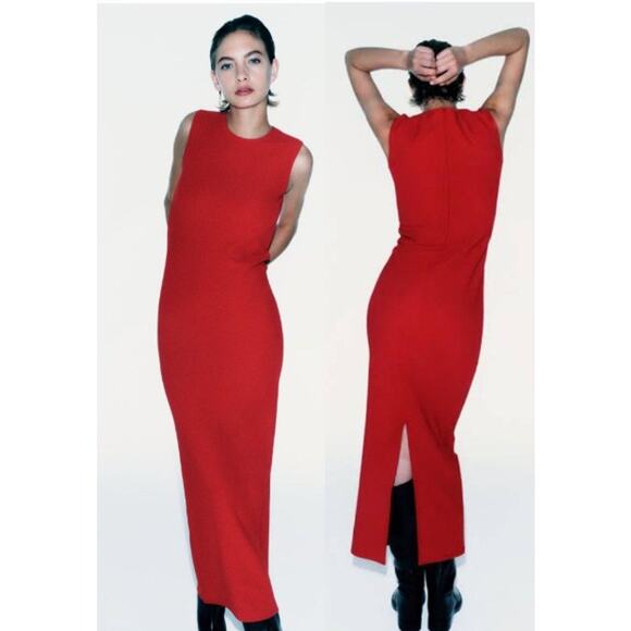 Zara Collection Sleeveless High Neck Pencil Midi Sheath Dress Red Women's Size L - Picture 1 of 5